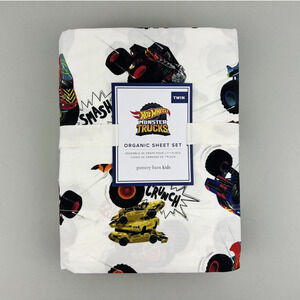 Pottery Barn Kids Hot Wheels Monster Trucks TWIN Sheet Set Organic Cotton New